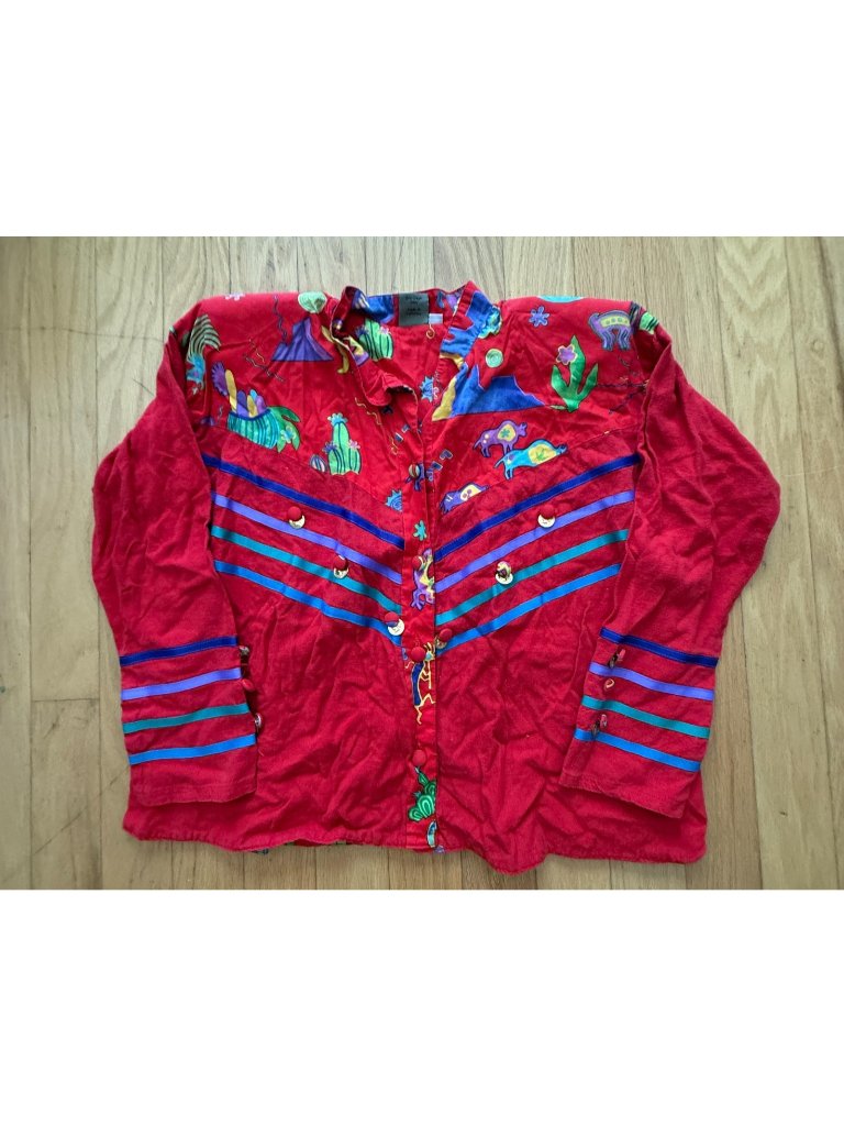Vtg Southwest Theme Jacket Cotton Pockets Papike Wear Os Red
